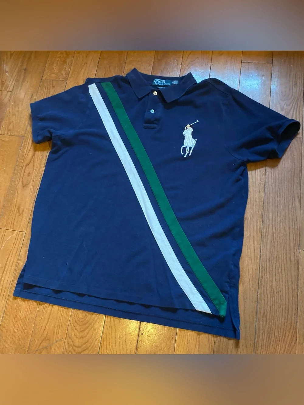 Ralph Lauren Navy Polo with Green and White Diagonal Stripes